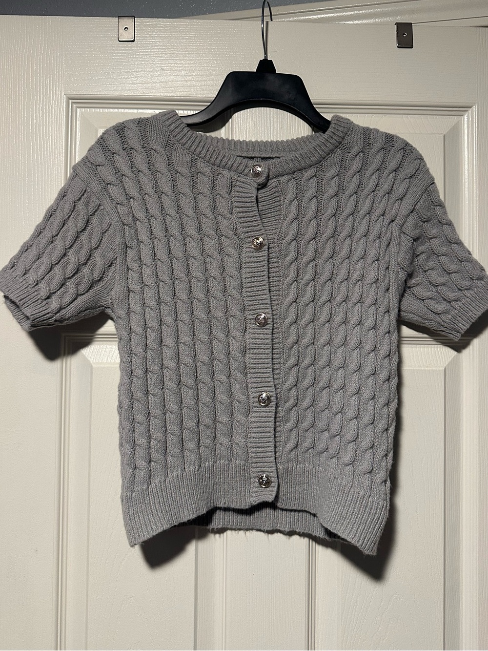 Short Cable-Knit Button-Front Sweater - Light Gray